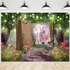 10x6.5ft Spring Enchanted Forest Backdrop Fairy Tale Books Pink Castle Photography Background Garden Mushroom Wonderland Banner Decorations Wedding Birthday Party Baby Shower Photo Booth Props view 1