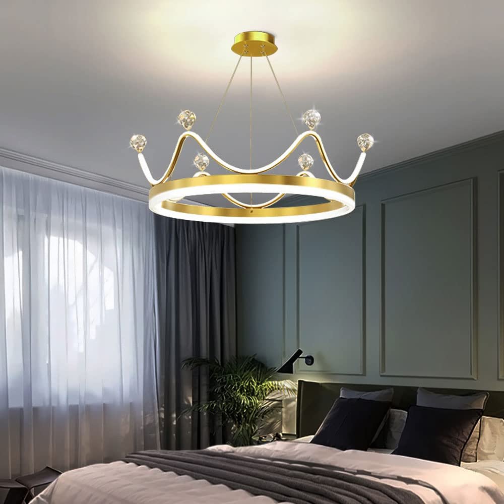 BRRSKBK 20" Princess Girls Chandelier for Bedroom Pink Gold Crown Chandelier for Kid Room Dimmable LED Pendant Light Round Modern Ceiling Hanging Lamp for Children Nursery Room Kindergarten