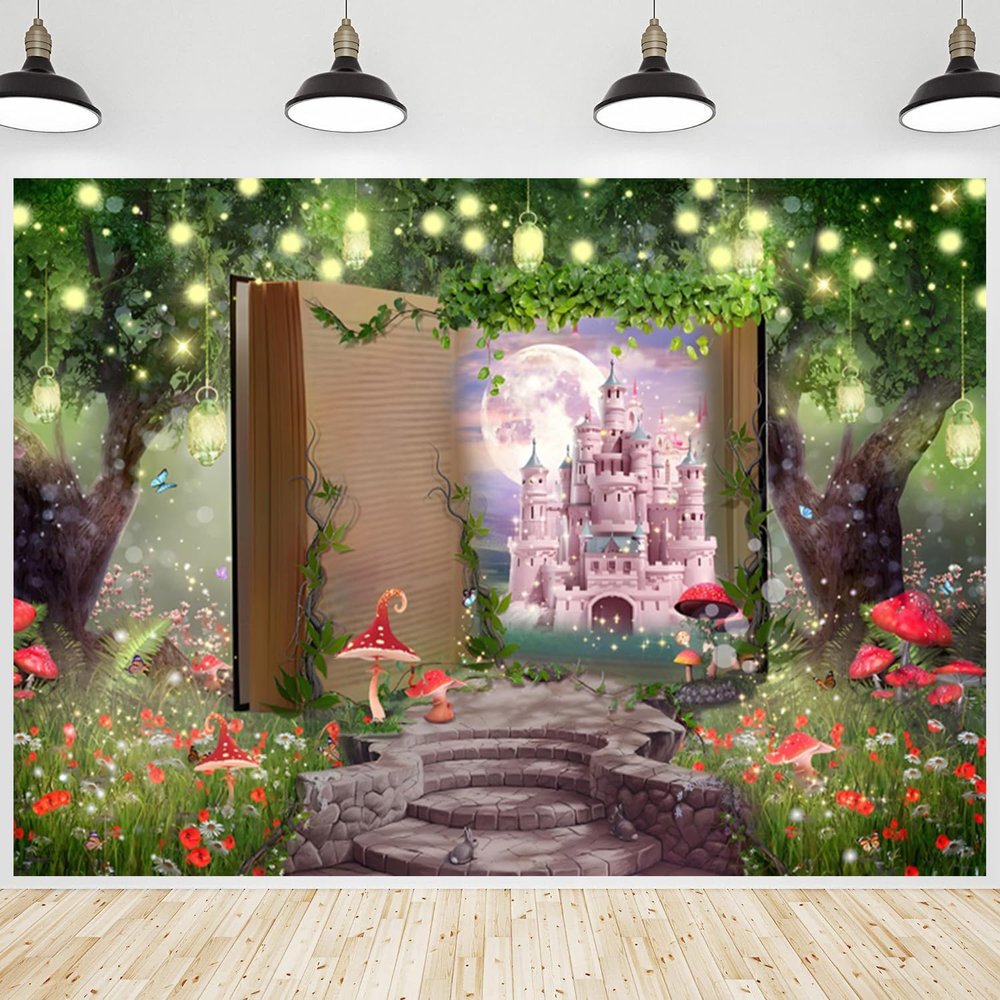 20x10ft Spring Enchanted Forest Backdrop Fairy Tale Books Pink Castle Photography Background Garden Mushroom Wonderland Banner Decorations Wedding Birthday Party Baby Shower Photo Booth Props