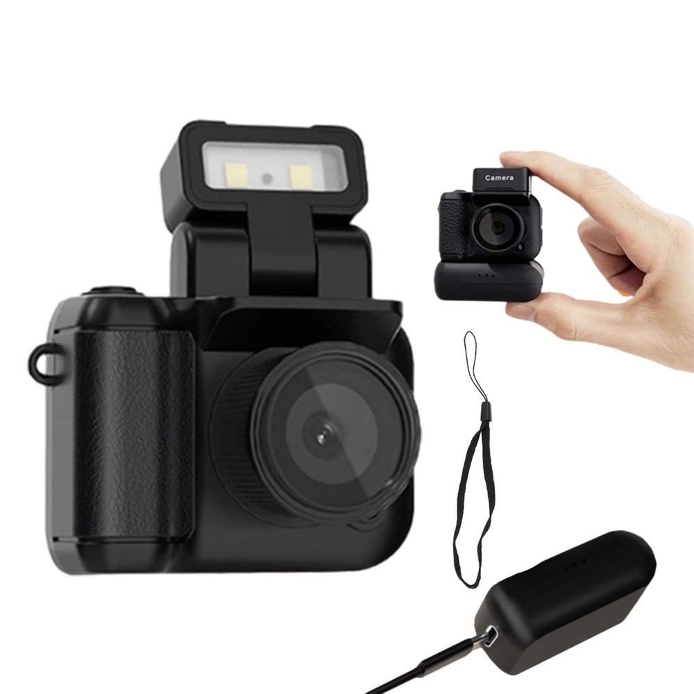 Mini Keychain Camera, 1080P 1.44 inch Small Nostalgia Retro Camera Tiny Video Camcorder with LED Flash and Charging Base, for Travel Study Recording (Black)