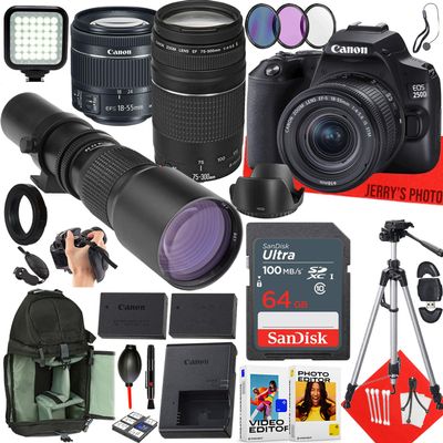 Canon EOS 250D / Rebel SL3 DSLR Camera with EF-S 18-55mm f/4-5.6 IS STM, EF 75-300mm f/4-5.6 III and 500mm f/8 Preset Telephoto Lens + 64 GB Memory + Extra Battery + More (34pc Bundle) (Renewed)