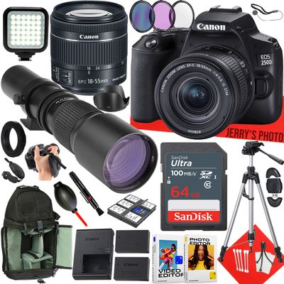 Canon EOS 250D / Rebel SL3 DSLR Camera with EF-S 18-55mm f/4-5.6 IS STM and 500mm f/8 Preset Telephoto Lens + 64 GB Memory + Extra Battery + Filters + More (34pc Bundle) (Renewed)