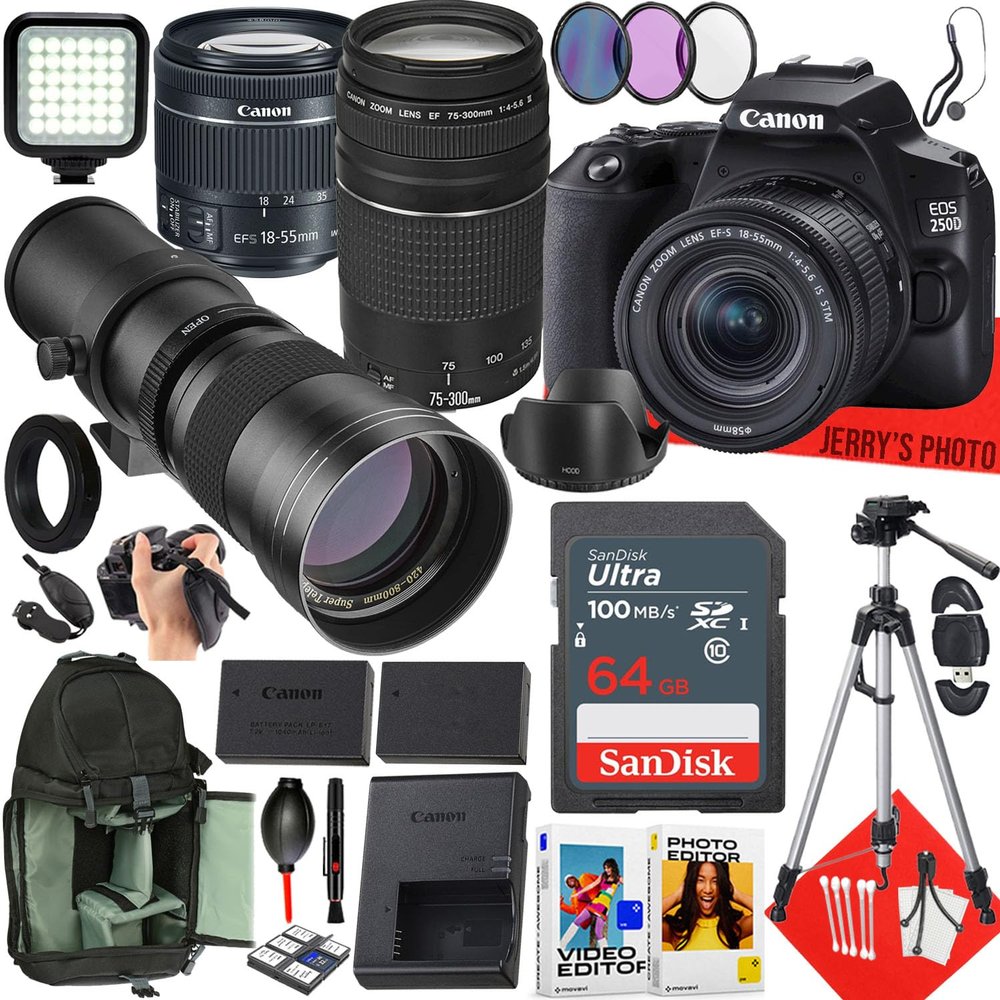 Canon EOS 250D / Rebel SL3 DSLR Camera with EF-S 18-55mm f/4-5.6 IS STM, EF 75-300mm f/4-5.6 III and 420-800mm f/8.3 HD Telephoto Zoom Lens + 64 GB Memory + More (34pc Bundle) (Renewed)