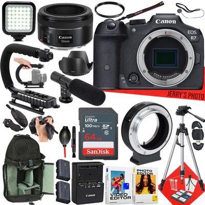 Canon EOS R7 Mirrorless Camera with Canon EF 50mm f/1.8 STM Lens + 64 GB Memory + Video LED Light + Microphone + Mount Adapter for Canon R + More (27pc Bundle) (Renewed)
