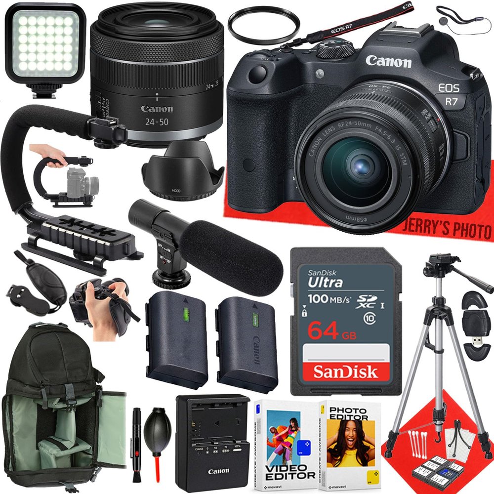 Canon EOS R7 Mirrorless Camera with Canon RF 24-50mm f/4.5-6.3 IS STM Lens + 64 GB Memory + Video LED Light + Microphone + Sling Backpack + More (26pc Bundle) (Renewed)