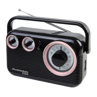 Studebaker SB2003BT Bluetooth Retro Portable AM/FM Radio with AC or Battery Operation (Pink/Black)