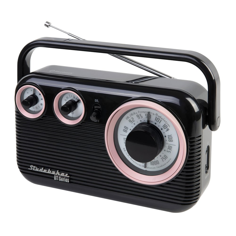 Studebaker SB2003BT Bluetooth Retro Portable AM/FM Radio with AC or Battery Operation (Pink/Black)