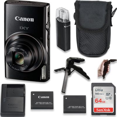 Canon Powershot IXY 650 / ELPH 360 20.2MP Point and Shoot Digital Camera (Black) w/ 6.5 Tripod, Extra Battery, Case and 64 GB Memory (Renewed)
