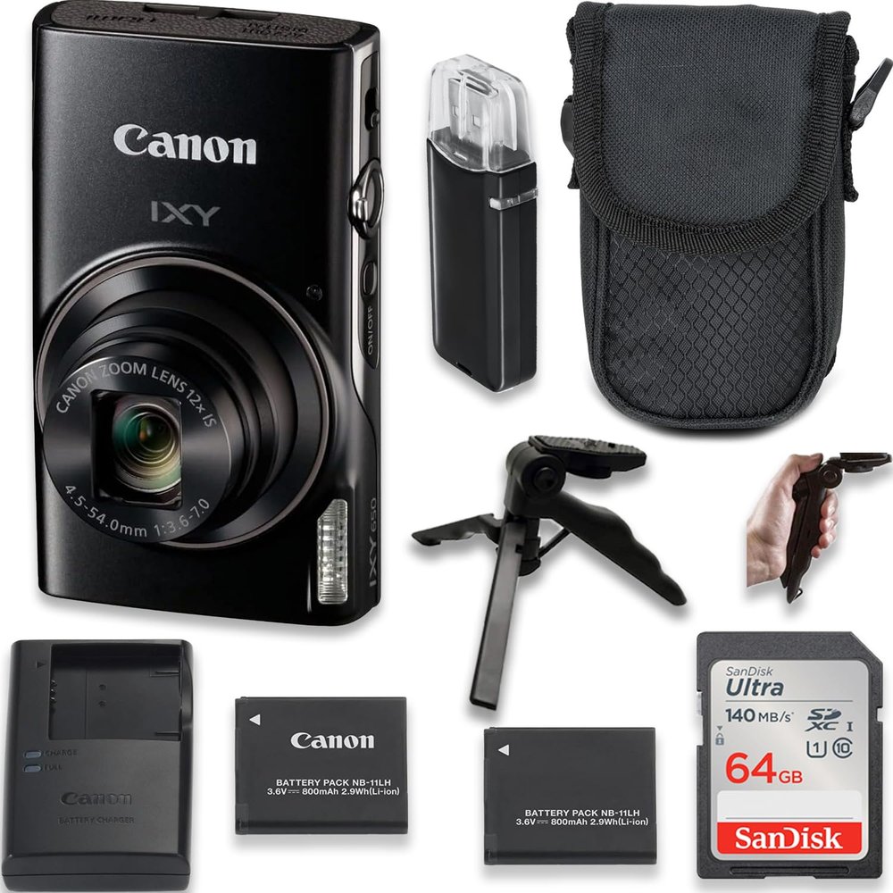 Canon Powershot IXY 650 / ELPH 360 20.2MP Point and Shoot Digital Camera (Black) w/ 6.5 Tripod, Extra Battery, Case and 64 GB Memory (Renewed)