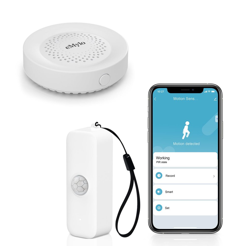 eMylo WiFi Motion Sensor, Smart Motion Detector Sensor for Alarm System Infrared Movement Detector with Smart Siren Alarm Compatible with TUYA/Smart Life (1 Receiver+1 Motion Sensor)