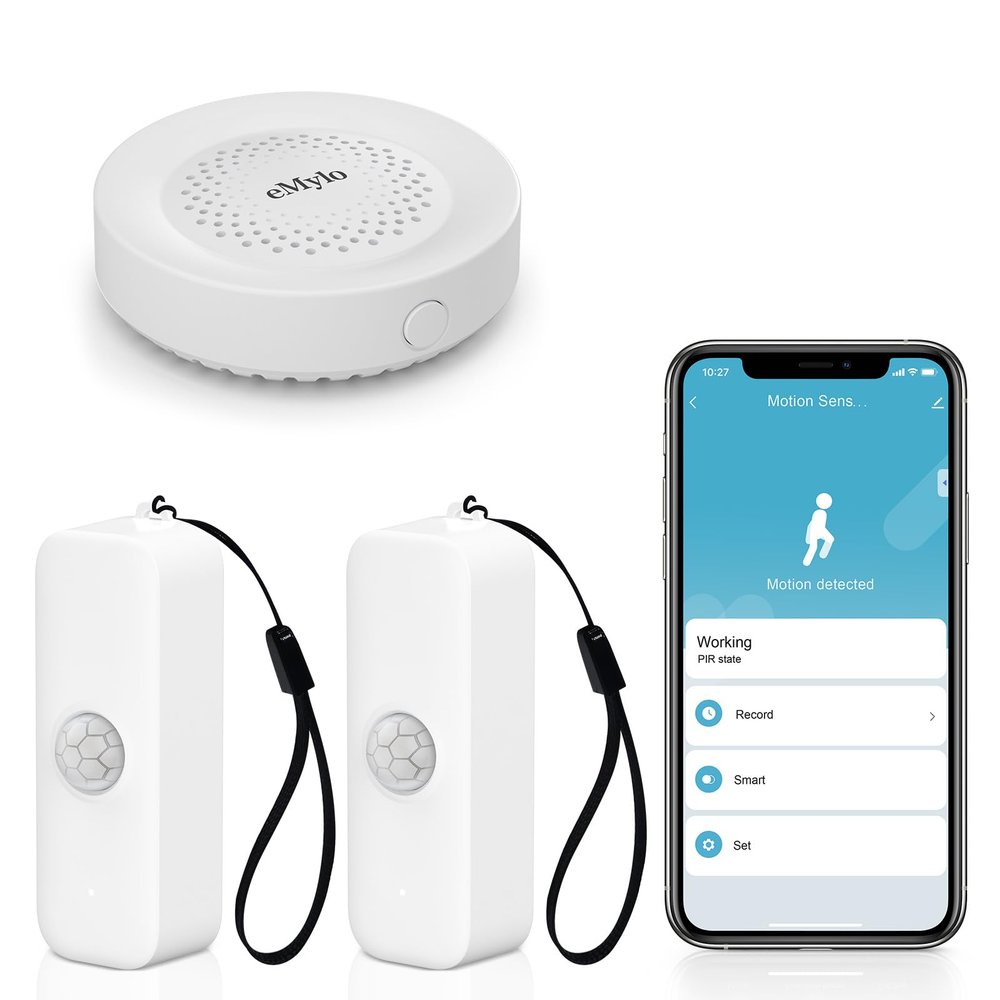 eMylo WiFi Motion Sensor, Smart Motion Detector Sensor for Alarm System Infrared Movement Detector with Smart Siren Alarm Compatible with TUYA/Smart Life (1 Receiver+2 Motion Sensor)