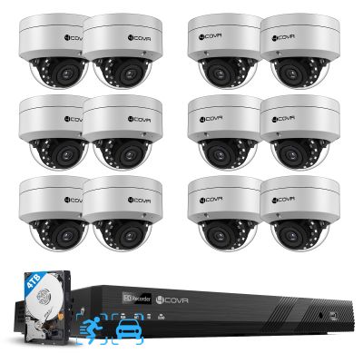 4COVR 16 Channel PoE Security Camera System AI Human/Vehicle Detection, 12Pcs IK10 Vandal-Proof 5MP Wired Commercial Dome IP Camera IP67, 16CH 4K NVR 4TB, Business Surveillance Outdoor, LY54AX5M1612