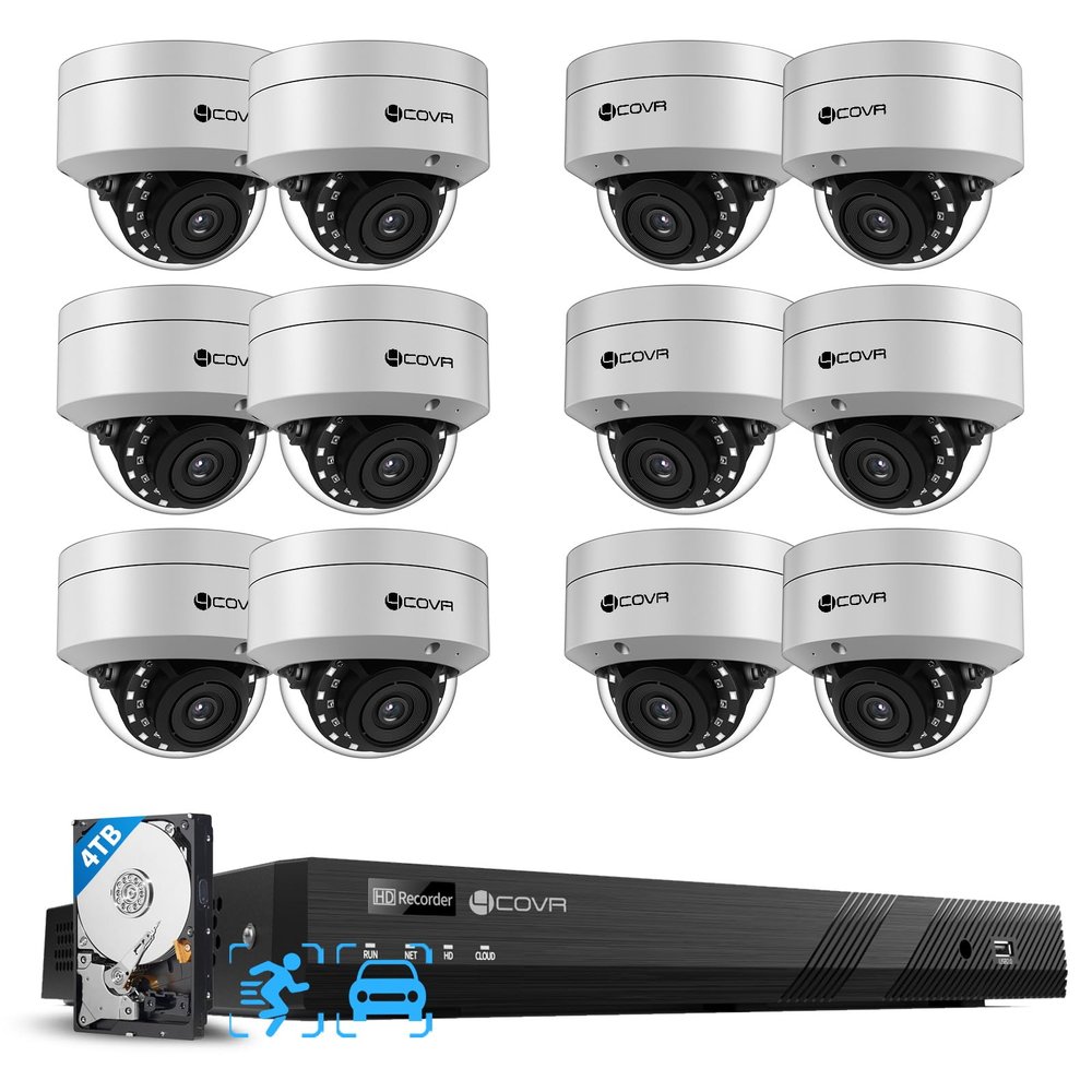 4COVR 16 Channel PoE Security Camera System AI Human/Vehicle Detection, 12Pcs IK10 Vandal-Proof 5MP Wired Commercial Dome IP Camera IP67, 16CH 4K NVR 4TB, Business Surveillance Outdoor, LY54AX5M1612