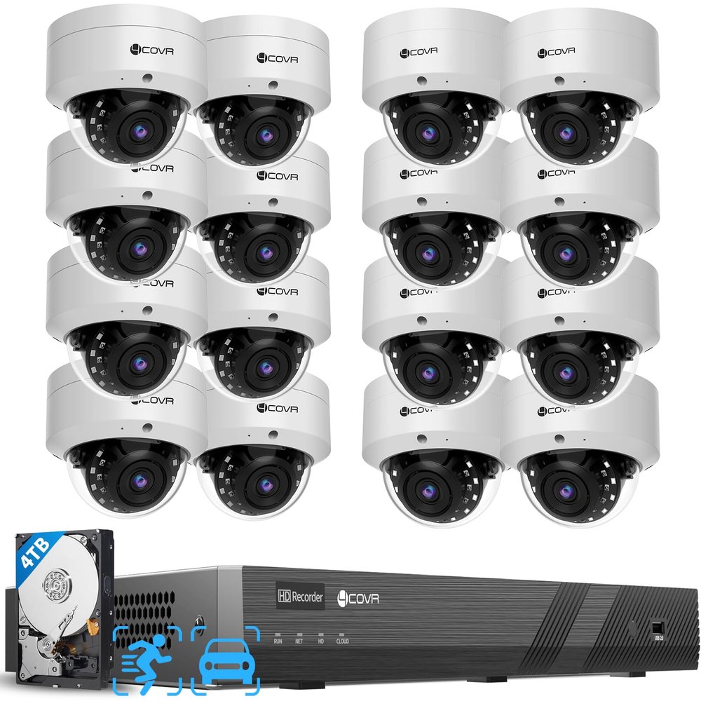 4COVR 16 Channel PoE Security Camera System for Business, 16x 5MP IK10 Vandal-Proof IP67 Dome Commercial IP Camera, Night Vision, 16CH NVR 4TB, AI Human Vehicle Detection, 24/7 Recording, LY54AX5M1616