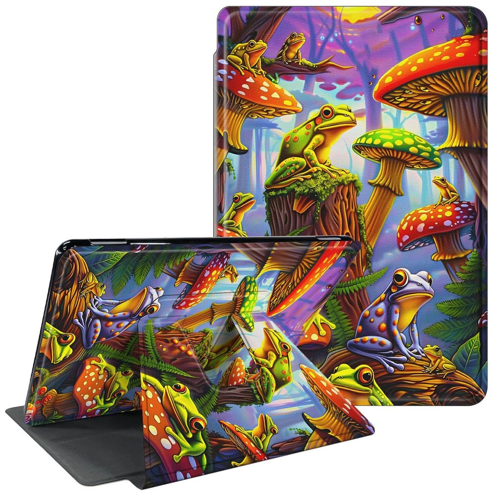Case for 6" All-New Kindle 11th Generation 2022 360 Degree Rotating Stand Protective Smart Cover with Auto Wake Sleep Case for Basic Kindle 2022 11th Gen e-Reader - Frogs and Mushrooms