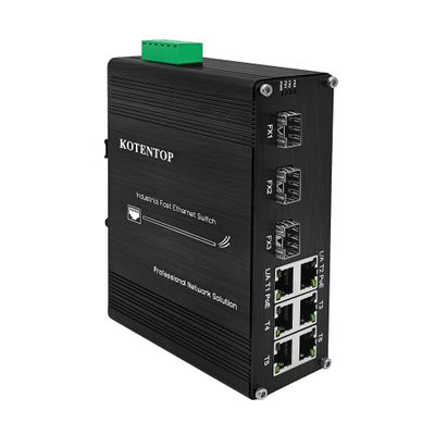 9-Port Unmanaged Industrial Ethernet Hardened Network Fiber Switch with 6 x 10/100Base-T RJ45 Plus 3 x 100Base-FX SFP,Support 12~48VDC, IEEE802.3af/at POE Budget 180W,IP40,DIN Rail Mounting, Safety