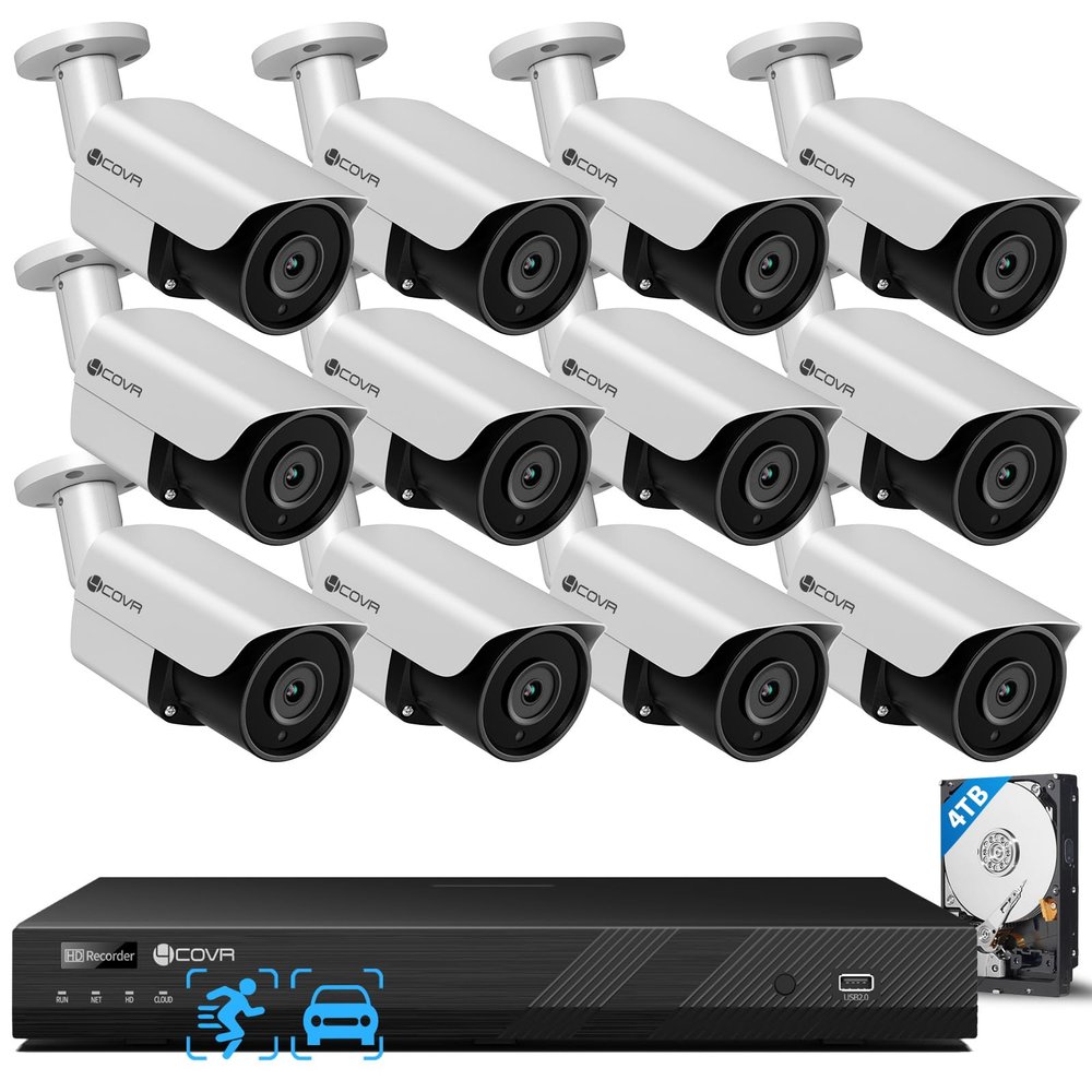 4COVR 16 Channel PoE Security Camera System, AI Human/Vehicle Detection, 16CH 4K NVR 4TB HDD, 12Pcs 8MP Wired Commercial Bullet IP Camera IP67 Night Vision, Business Surveillance Outdoor, LY37EX8M1612