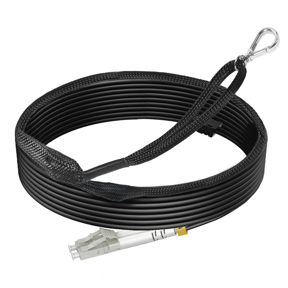 RamboCables 15m/49ft OM3 Industrial TPU Fiber Patch Cable Outdoor Armored, LC to LC Outdoor Fiber Optic Cable Multimode, 10GB Duplex 50/125um with Pulling Eye Kit Installed on one end, OD 3MM