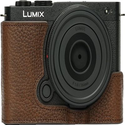 BMAOLLONGB S9 Camera Case, Handmade Genuine Real Leather Half Camera Case Bag Cover for Panasonic Lumix S9 Camera Bottom Opening Version + Hand Strap (Coffee)