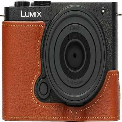 BMAOLLONGB S9 Camera Case, Handmade Genuine Real Leather Half Camera Case Bag Cover for Panasonic Lumix S9 Camera Bottom Opening Version + Hand Strap (Brown)
