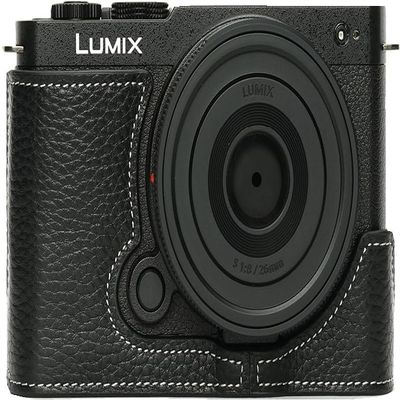 BMAOLLONGB S9 Camera Case, Handmade Genuine Real Leather Half Camera Case Bag Cover for Panasonic Lumix S9 Camera Bottom Opening Version + Hand Strap (Black)