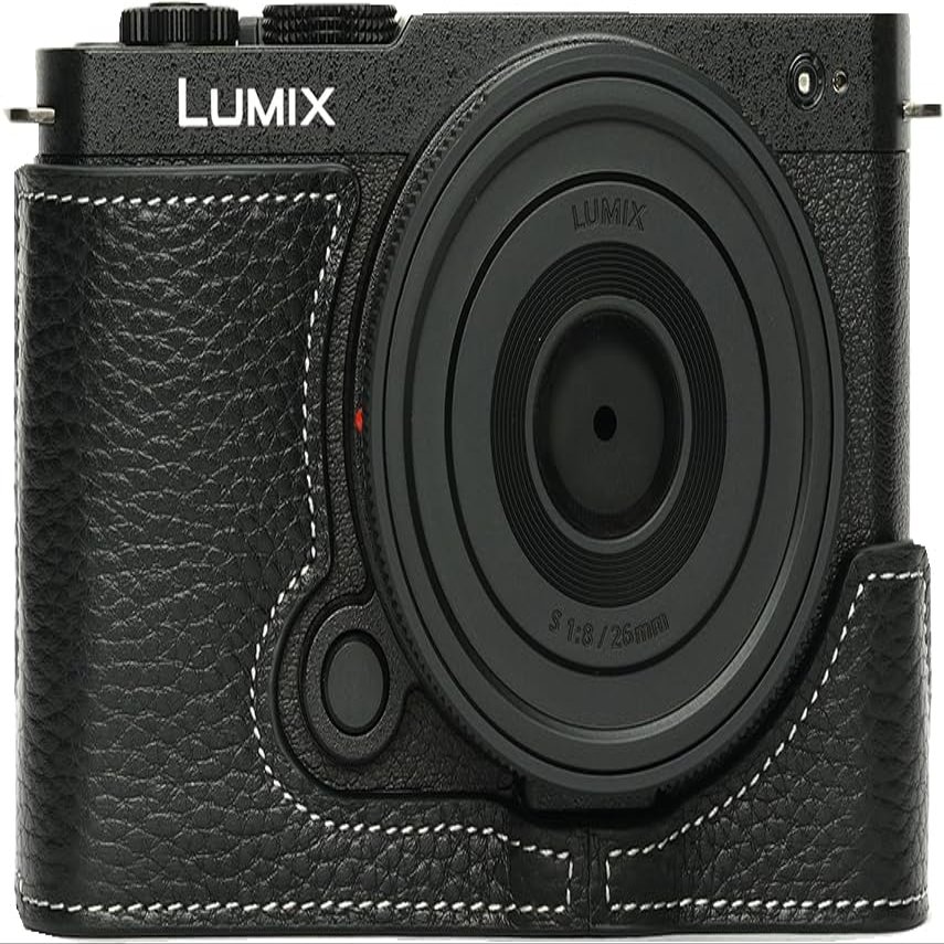 BMAOLLONGB S9 Camera Case, Handmade Genuine Real Leather Half Camera Case Bag Cover for Panasonic Lumix S9 Camera Bottom Opening Version + Hand Strap (Black)