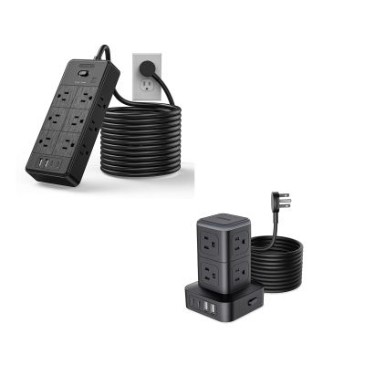 15FT 4000J Extension Cord + 10FT 1080J Tower Power Strip, NTONPOWER 16-in-1 & 12-in-1 Surge Protector Power Strip, Flat Plug, Wall Mounted, Side Outlet Extender for Home Office, Dorm Room Essentials