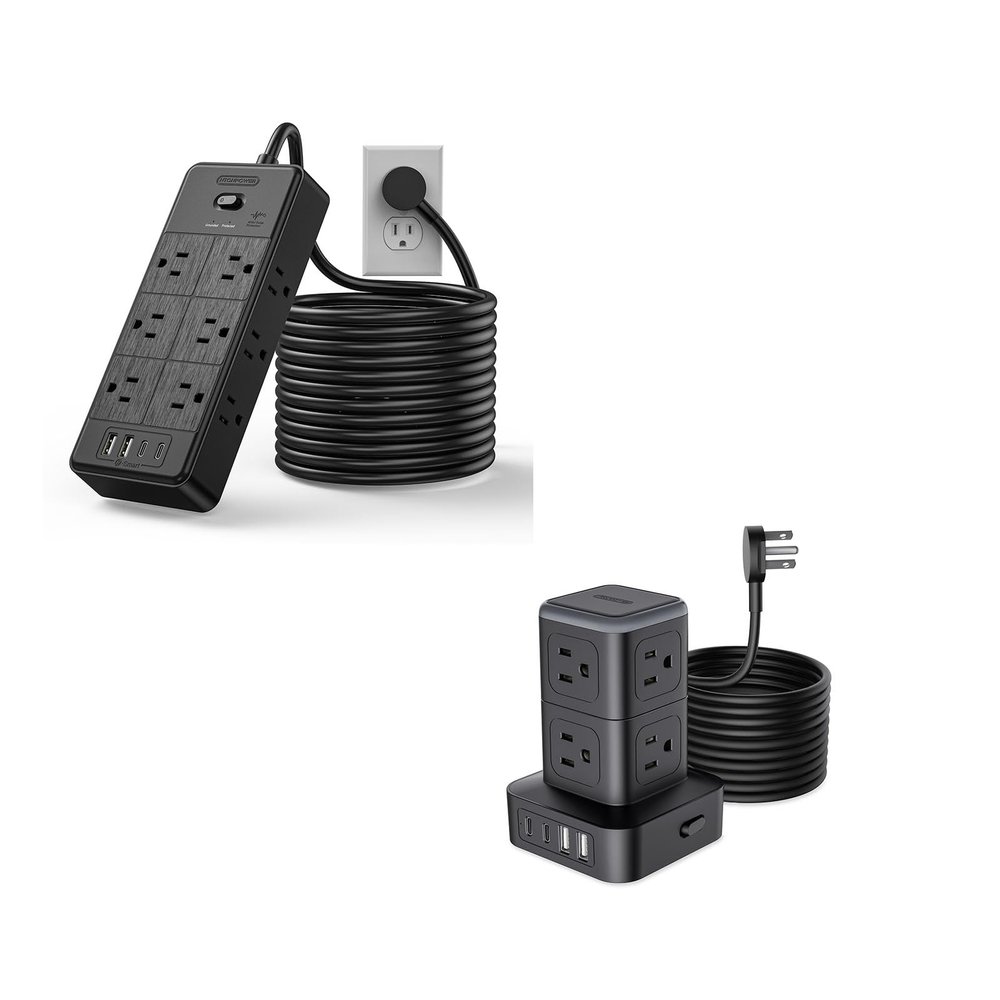 15FT 4000J Extension Cord + 10FT 1080J Tower Power Strip, NTONPOWER 16-in-1 & 12-in-1 Surge Protector Power Strip, Flat Plug, Wall Mounted, Side Outlet Extender for Home Office, Dorm Room Essentials