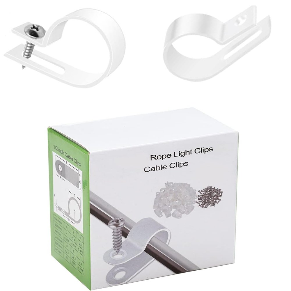 50 Pack 3/4 inch Rope Light Clips with Stainless Steel Screws, Plastic Cable Clips Wire Clamp for String Lights, Christmas Light Clips Cable Wire Clamp, P-Type Mounting Clips