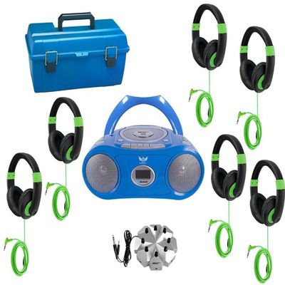 HamiltonBuhl LCP/CD385/6STG 6-Station Listening Center with AudioAce Bluetooth Boombox, 6 Smart-Trek Deluxe Headphones with Green Accents, Jackbox, and Carry Case