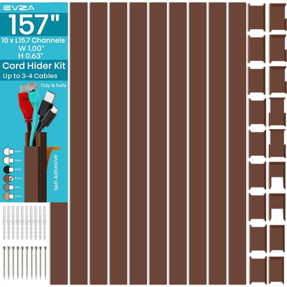 Brown Channel Kit Hide Wires - 157in Cord Concealer, Hide Along Walls, Extension Cord Safety Cover, TV Wall Wire Hiders