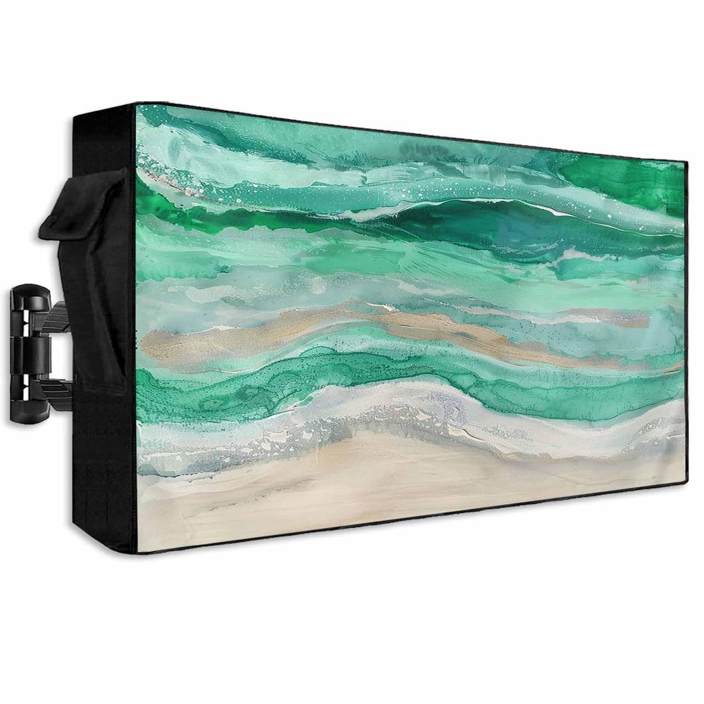 Lsrtoss Outdoor TV Cover 40-43 Inch Weatherproof, Green Coastal Outdoor TV Enclosure with Zipper & Roll Up Front Flap, Summer Beach Nautical Abstract Art Waterproof TV Covers for Outside TV