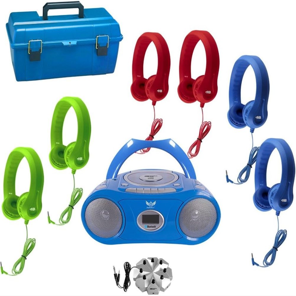 HamiltonBuhl LCP/CD385/6FX 6-Person Listening Center with AudioAce Bluetooth Media Player, 2 Blue, 2 Green and 2 Red Flex-Phones Headphones, Jackbox and Carry Case