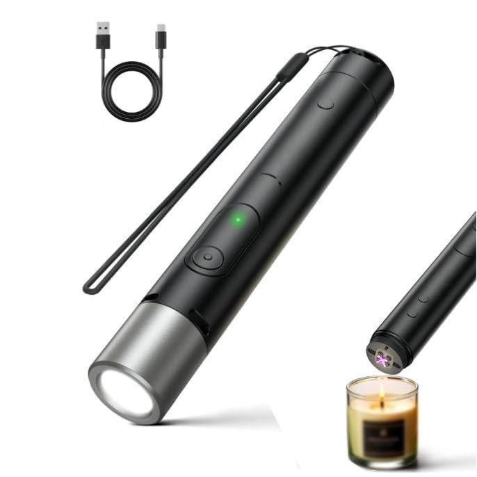 HUZHUAN Flashlight Alarm Lighter, Rechargeable 3-in-1 Flashlight with Arc Lighter and Door Alarm for Emergency, Adventure, Camping(Black)