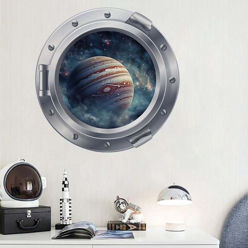 3D Jupiter Wall Stickers, Outer Star Cluster Door Wall Decals,Space Themed Decor for Kid's Room Classroom, Peel and Stick Removable Window View Art
