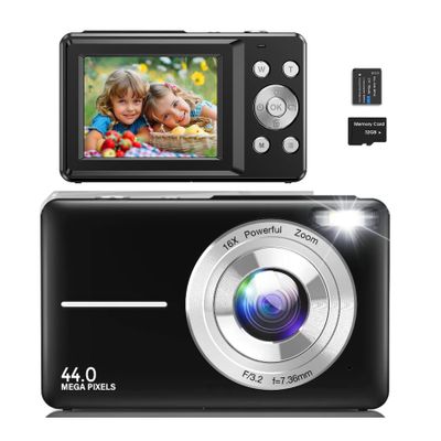 Unasi Digital Camera for Kids, HD 1080P Camera, 44MP Point and Shoot Digital Camera for Pictures with 32GB Card, 16X Zoom, Portable Small Point Shoot Camera Gift for Kid Student Children Teen (Black)