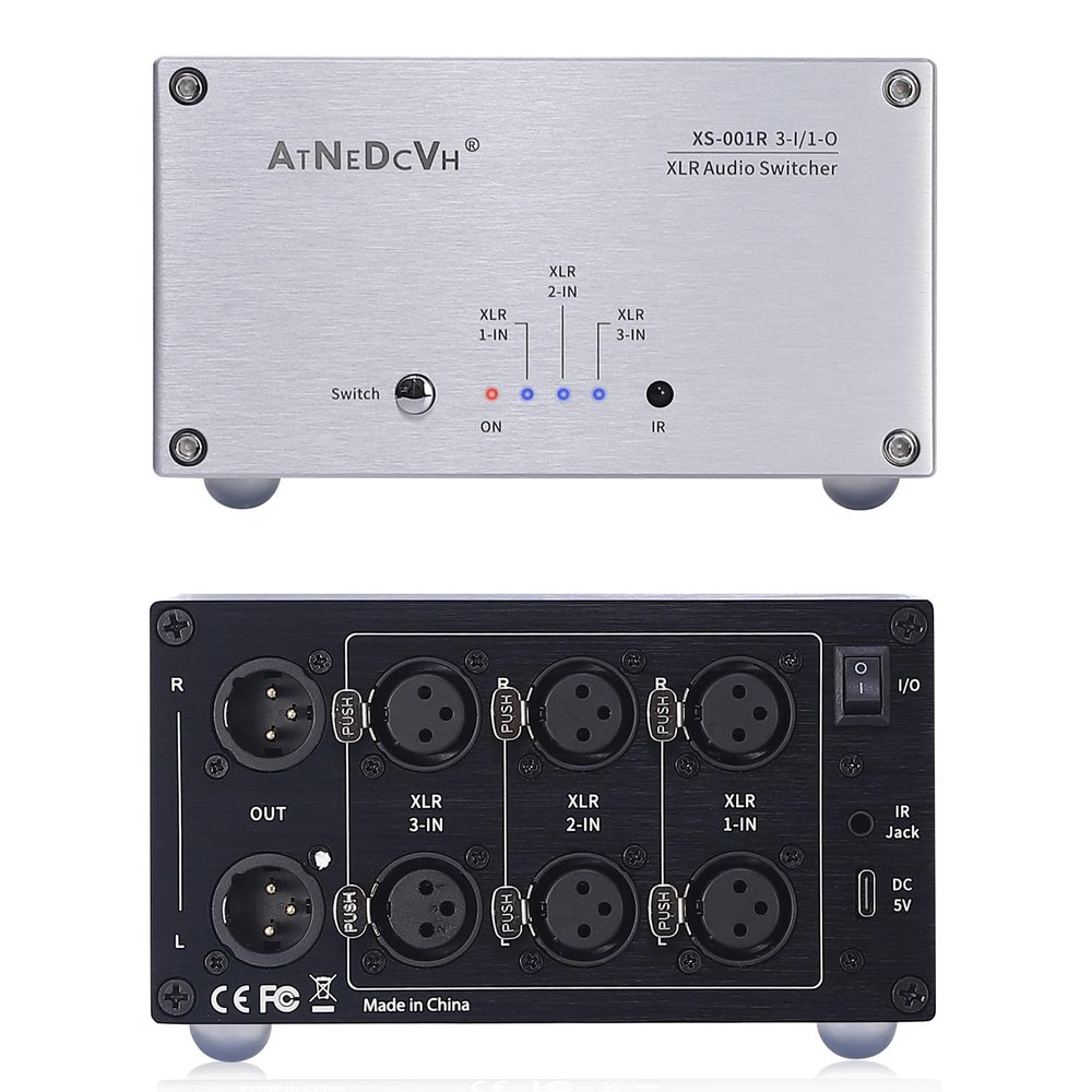 AtDcNeVh XLR 3 in 1 Out Audio Switcher, 3-Way Balanced Audio Switch Converter - Speakers Amplifiers Audio Selector Box - with Remote Control