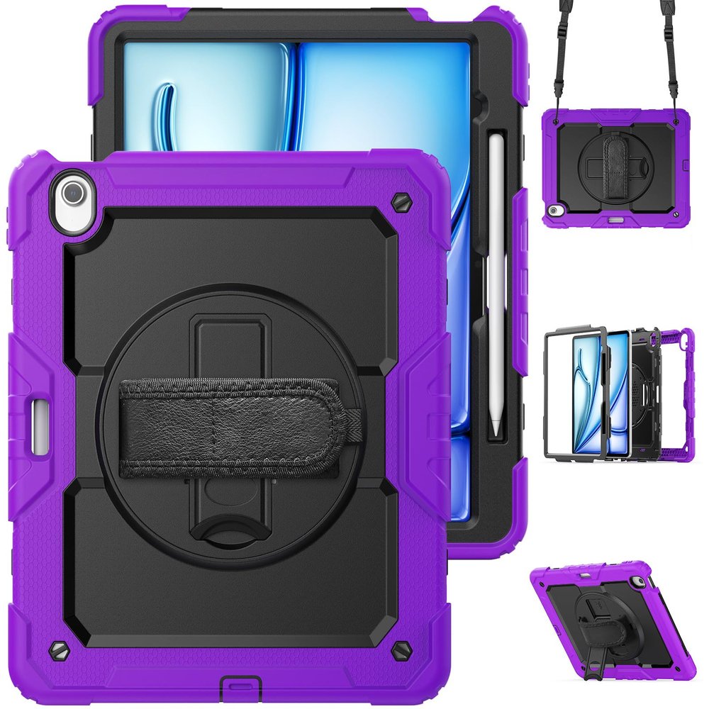 Soyeacrg Case for iPad Air 13-inch (M2, 2024), Upgrade Full Coverage 3-Layer Heavy Duty Protective Crossbody Portable Case with 360 Rotating Stand & Handle - Shoulder Strap - Pencil Holder,Q
