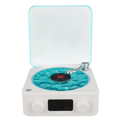 Heayzoki Record Player Bluetooth Speaker with Night Light and Time Display, Vintage Record Player Bluetooth Speaker with Stereo Sound Quality, Volume and Rich Bass (White)