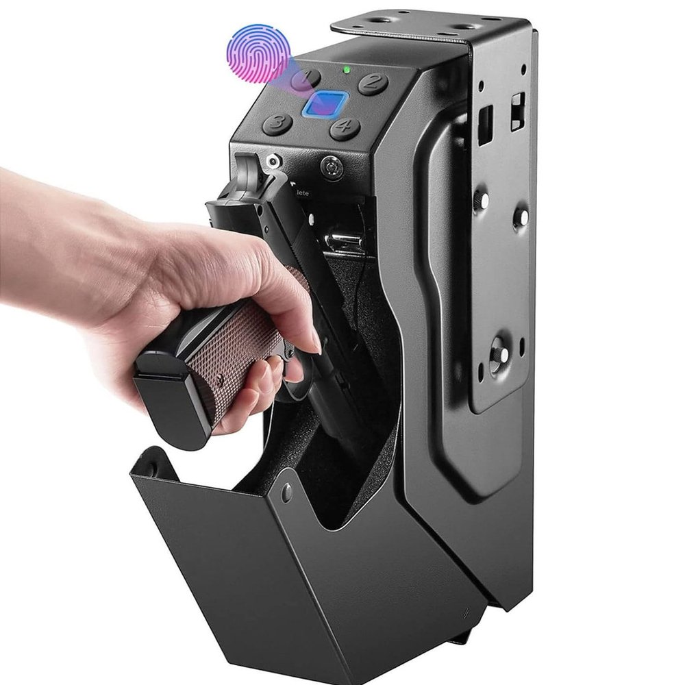 Gun Safe Biometric Pistol Safe, Gun Safes 3 Ways Quick Access Fingerprint Handgun Safe for Nightstand Car, Fingerprint Quick Access Pistol Safe Solid Handgun Safe, 2 Emergency Keys, with Fingerprint