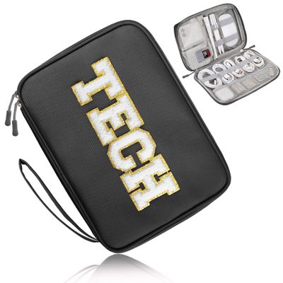 COSHAYSOO Electronics Bag Case Cable Cords Organizer Travel Essentials for Women College Teen Girls Vacation Dorm Accessories Preppy Personalized Gift (Large Black)