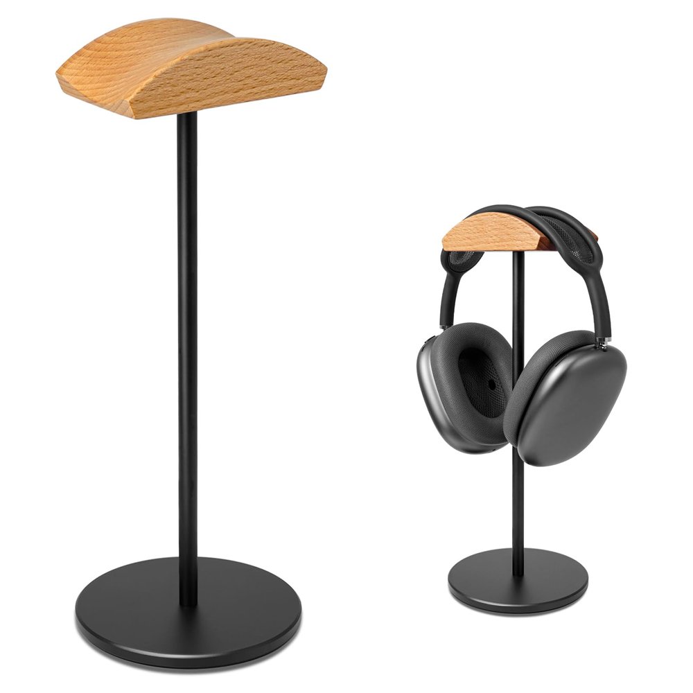 G GVOEARS Headphone Stand for Desk - Gaming Headset Stand with Wooden Support Plate, Headset Holder with Aluminum Alloy Support Rod