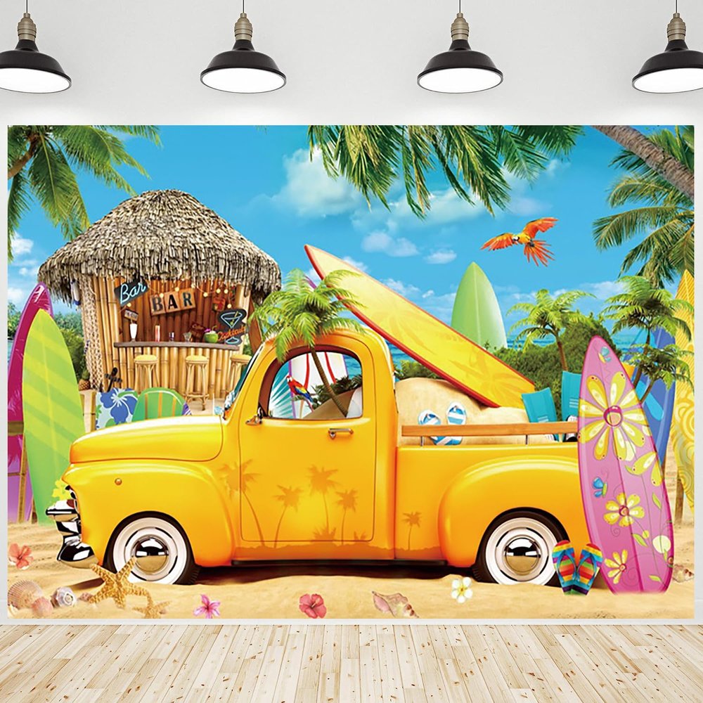 15x10ft Summer Beach Backdrop Hawaiian Seaside Tropical Palm Leaves Photography Background Sandbeach Surfboard Bar Truck Decorations Holiday Travel Vacation Party Portrait Photo Booth Props