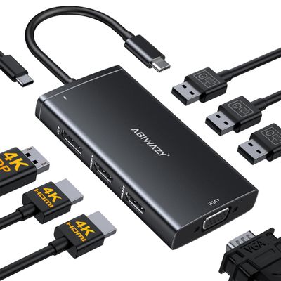 ABIWAZY USB C Docking Station Dual Monitor for HP Dell Lenovo Thinkpad Surface, 8 in 1 Computer Multiple Monitor Hub Adapter to Dual 4K HDMI,DisplayPort,VGA, 00W PD,3 USB for Windows Laptops(Black)
