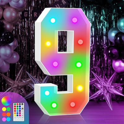 4FT Marquee Light Up Numbers Sign, Colorful Happy Birthday Light Up Number 9, 18 Color Modes with Remote, Cardboard Numbers for Birthday Anniversary Party Decorations, Mosaic Numbers for Balloons