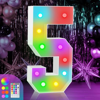 4FT Marquee Light Up Numbers Sign, Colorful Happy Birthday Light Up Number 5, 18 Color Modes with Remote, Cardboard Numbers for Birthday Anniversary Party Decorations, Mosaic Numbers for Balloons