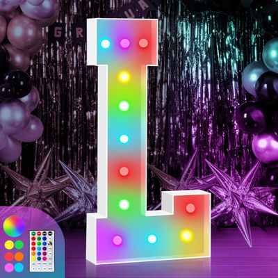 4FT Colorful Marquee Light Up L, Large Love Sign, Marry Me Letters, Baby Name Letters for Wedding Party Decoration, Cardboard, 18 Color Modes With Remote