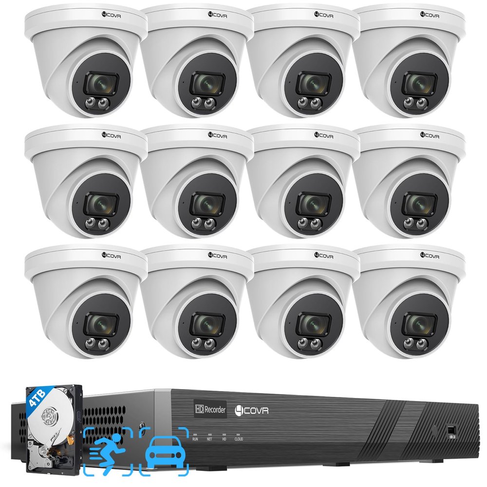 4COVR 4K PoE Security Camera System 16 Channel, AI Human Vehicle Detection & Night Vision, 12Pcs 8MP Wired Commercial Dome IP Camera IP67, 8MP NVR 4TB HDD, Business Surveillance Outdoor, LY97SA8M1612