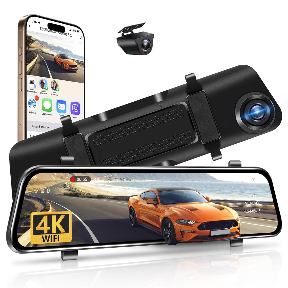 12" 4K Mirror Dash Cam Rear View Mirror Camera with 5.8GHz WiFi Smart Rearview Mirror for Cars & Trucks Front and Rear View Dual Cameras Night Vision Parking Assistance, Included 64GB Card