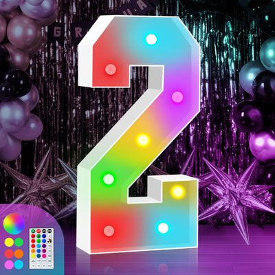 3FT Marquee Light Up Numbers Sign, Colorful Happy Birthday Light Up Number 2, 18 Color Modes with Remote, Cardboard Numbers for Birthday Anniversary Party Decorations, Mosaic Numbers for Balloons